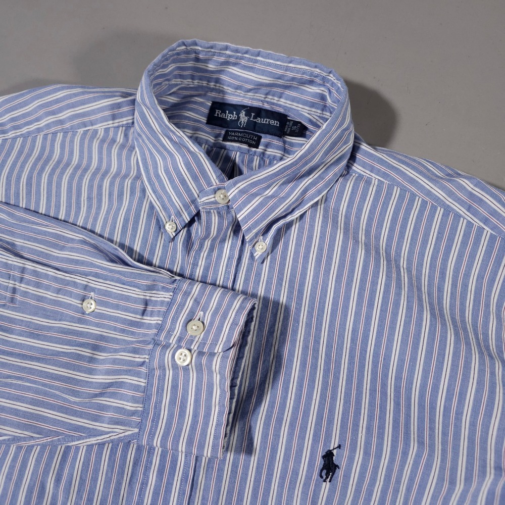 Ralph Lauren Button Down Mens 16 32/33 Blue Striped‎ Yarmouth Cotton Long Sleeve